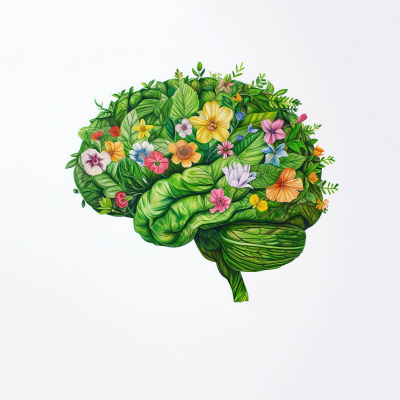 A brain illustrated with leaves, flowers and natural forms
